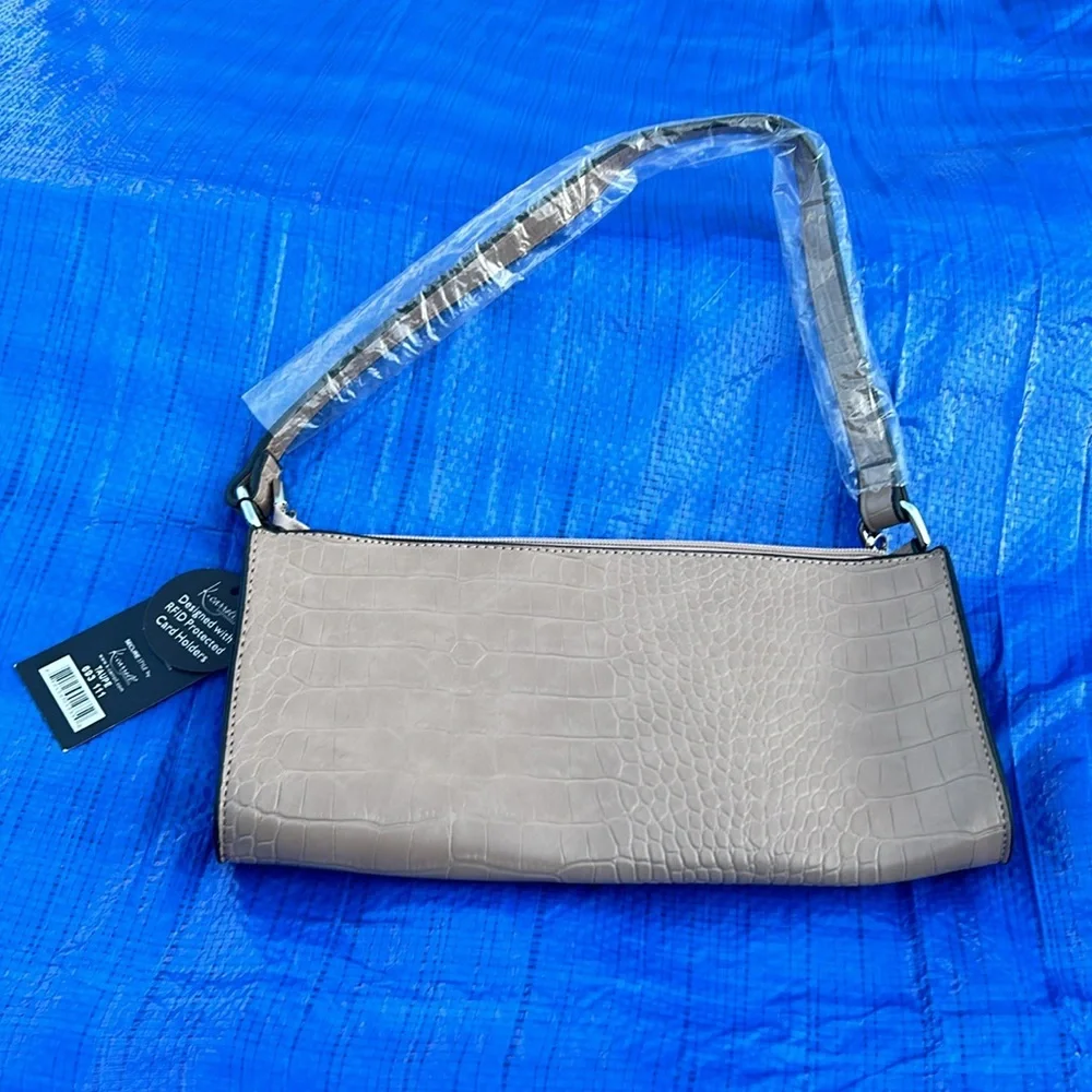K. Carroll Taupe color Lauren Baguette Satchel. Vegan leather, croc texture